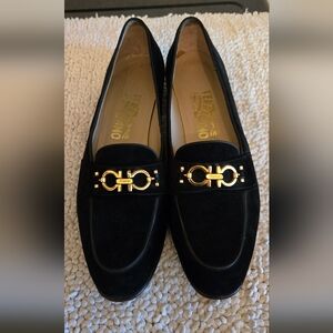 Salvatore Ferragamo Black Suede Loafers with Gold Logo Buckle Sz:11 AAAA